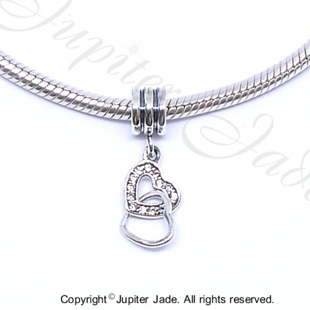 925 Sterling Silver CZ Love Heart Drop Dangle Bracelet Charm - Pandora Style